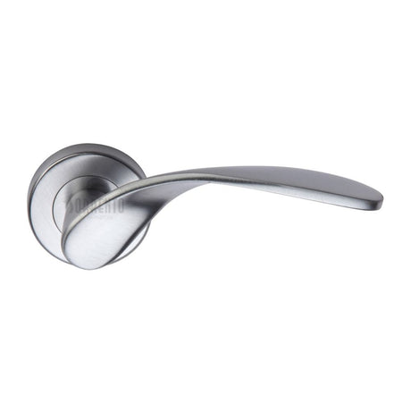 This is an image of a Sorrento - Door Handle Lever Latch on Round Rose Lorenz Design Satin Chrome Finis, sc-5225-sc that is available to order from T.H Wiggans Ironmongery in Kendal.