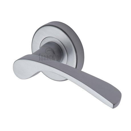 This is an image of a Sorrento - Door Handle Lever Latch on Round Rose Arcadia Design Satin Chrome Fini, sc-5380-sc that is available to order from T.H Wiggans Ironmongery in Kendal.