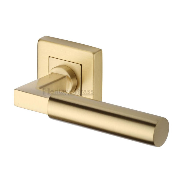 This is an image of a Heritage Brass - Door Handle Lever on Rose Bauhaus Sq Design Satin Brass Finish, sq1926-sb that is available to order from T.H Wiggans Ironmongery in Kendal.