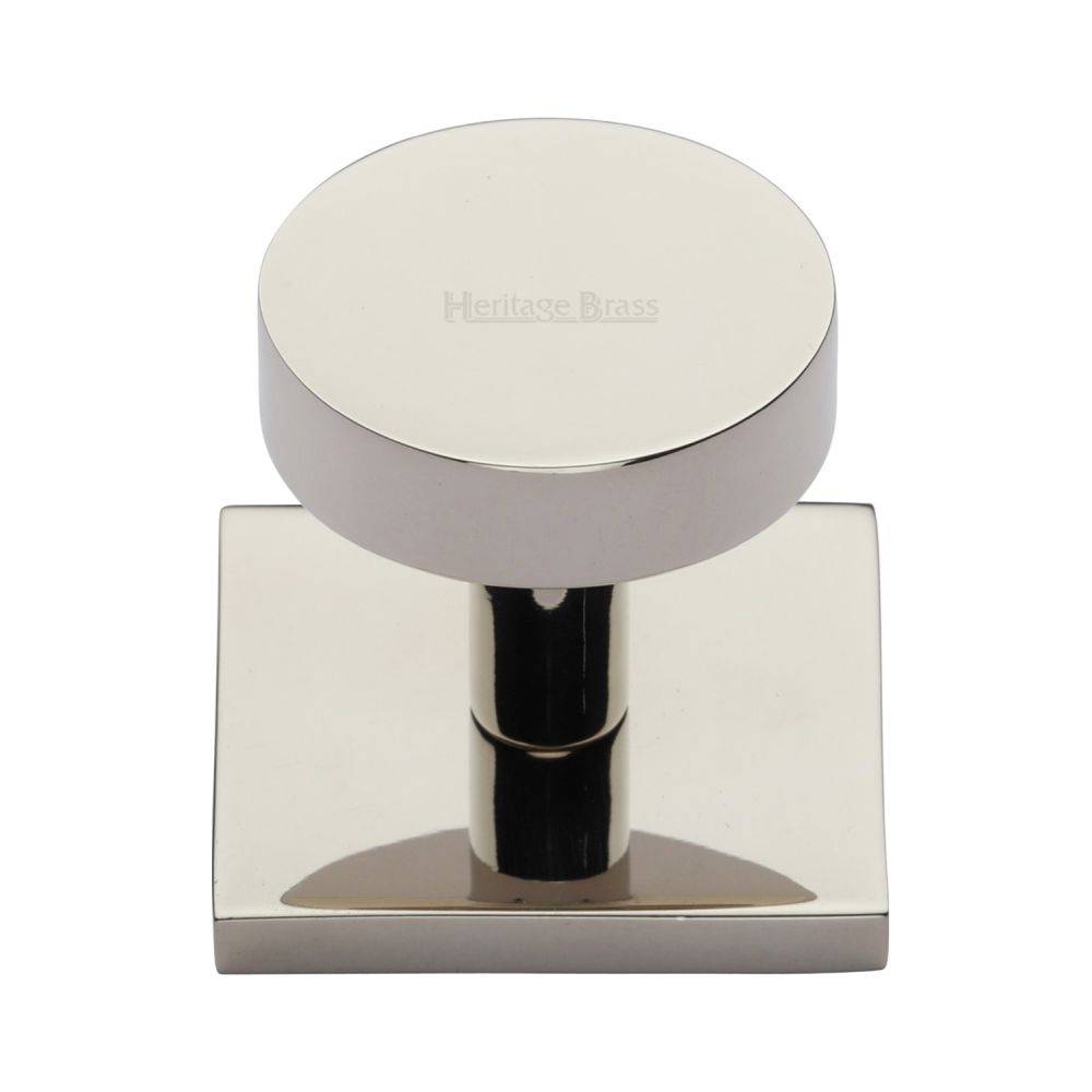 This is an image of a Heritage Brass - Cabinet Knob Disc Design with Square Backplate 32mm Polished Nickel, sq3880-pnf that is available to order from T.H Wiggans Ironmongery in Kendal.