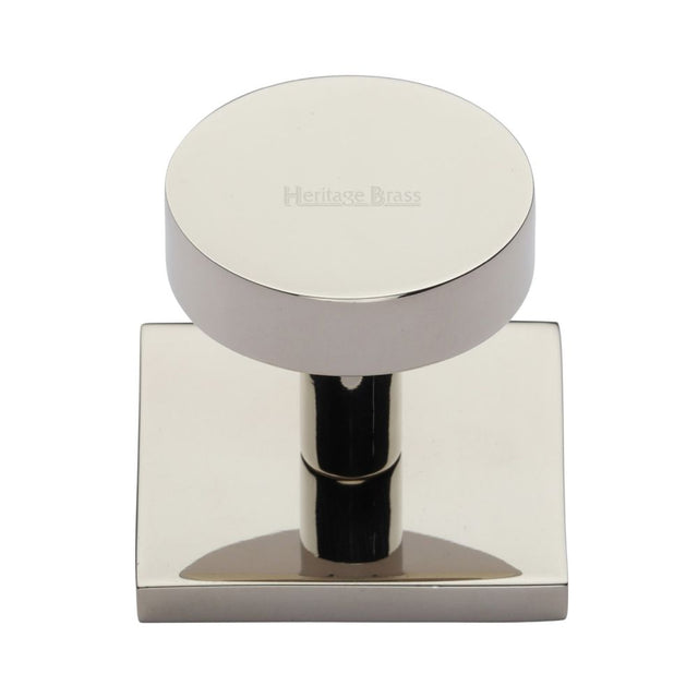 This is an image of a Heritage Brass - Cabinet Knob Disc Design with Square Backplate 32mm Polished Nickel, sq3880-pnf that is available to order from T.H Wiggans Ironmongery in Kendal.