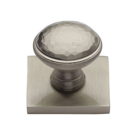 This is an image of a Heritage Brass - Cabinet Knob Diamond Cut Design with Square Backplate 32mm Satin, sq4545-sn that is available to order from T.H Wiggans Ironmongery in Kendal.