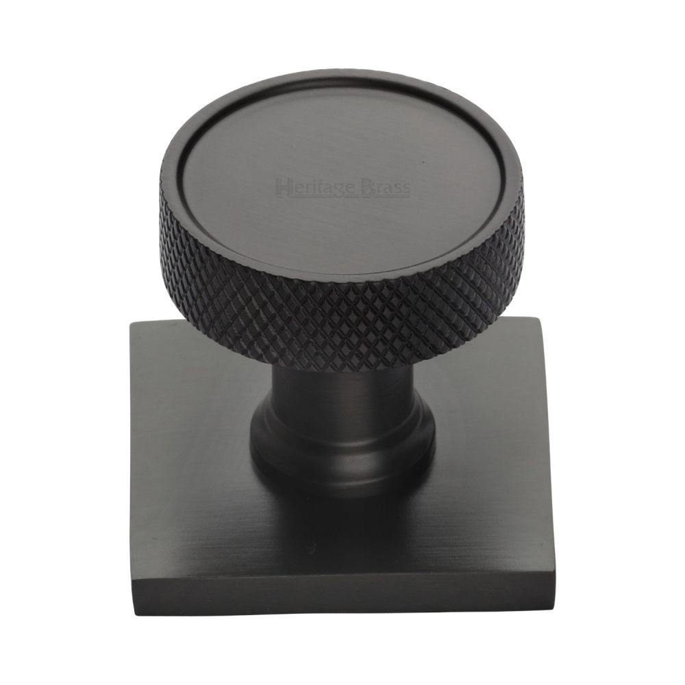 This is an image of a Heritage Brass - Cabinet Knob Florence Knurled Design with Square Backplate 32mm, sq4648-mb that is available to order from T.H Wiggans Ironmongery in Kendal.