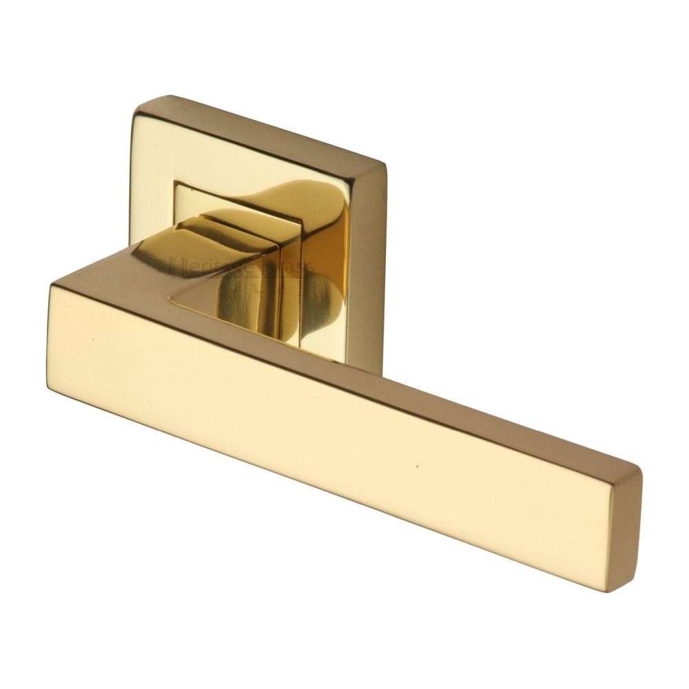 This is an image of a Heritage Brass - Door Handle Lever Latch on Square Rose Delta Sq Design Polished Bra, sq5420-pb that is available to order from T.H Wiggans Ironmongery in Kendal.