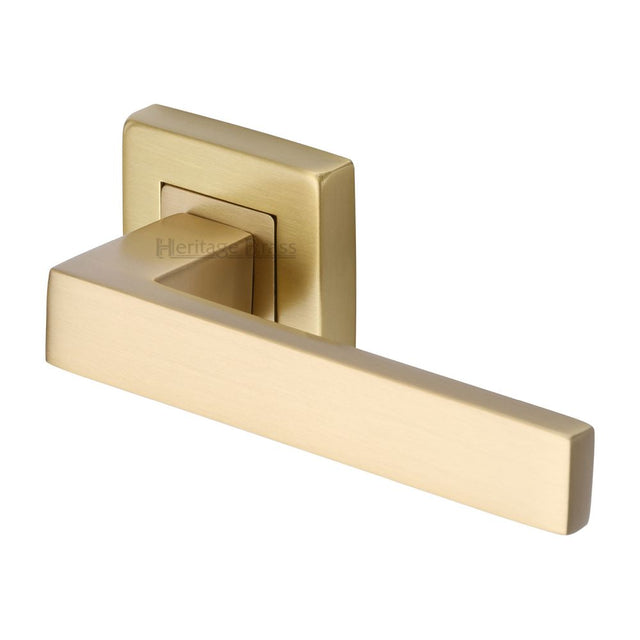 This is an image of a Heritage Brass - Door Handle Lever Latch on Square Rose Delta Sq Design Satin Bra, sq5420-sb that is available to order from T.H Wiggans Ironmongery in Kendal.