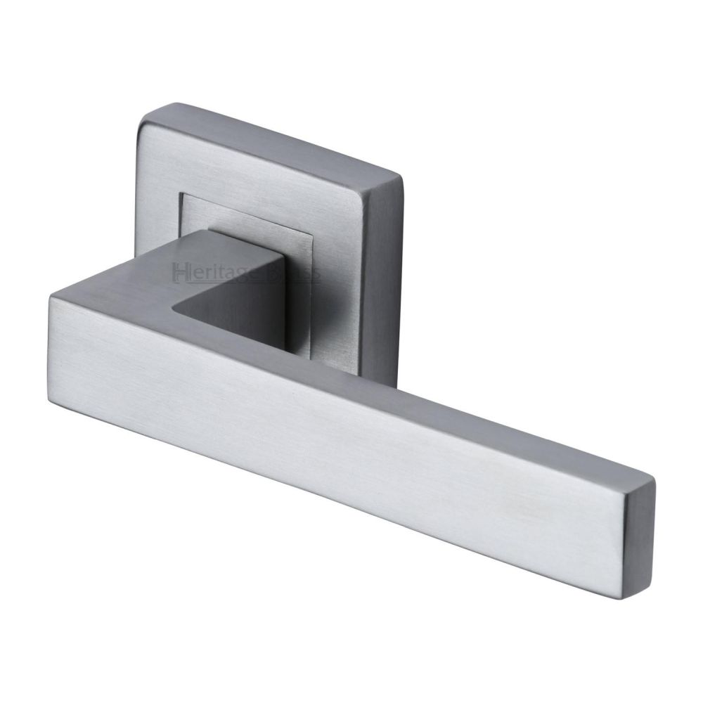 This is an image of a Heritage Brass - Door Handle Lever Latch on Square Rose Delta Sq Design Satin Chr, sq5420-sc that is available to order from T.H Wiggans Ironmongery in Kendal.