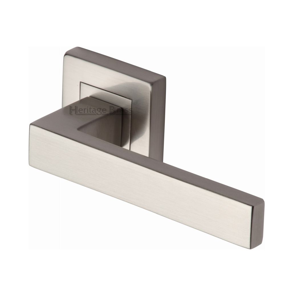 This is an image of a Heritage Brass - Door Handle Lever Latch on Square Rose Delta Sq Design Satin Nic, sq5420-sn that is available to order from T.H Wiggans Ironmongery in Kendal.