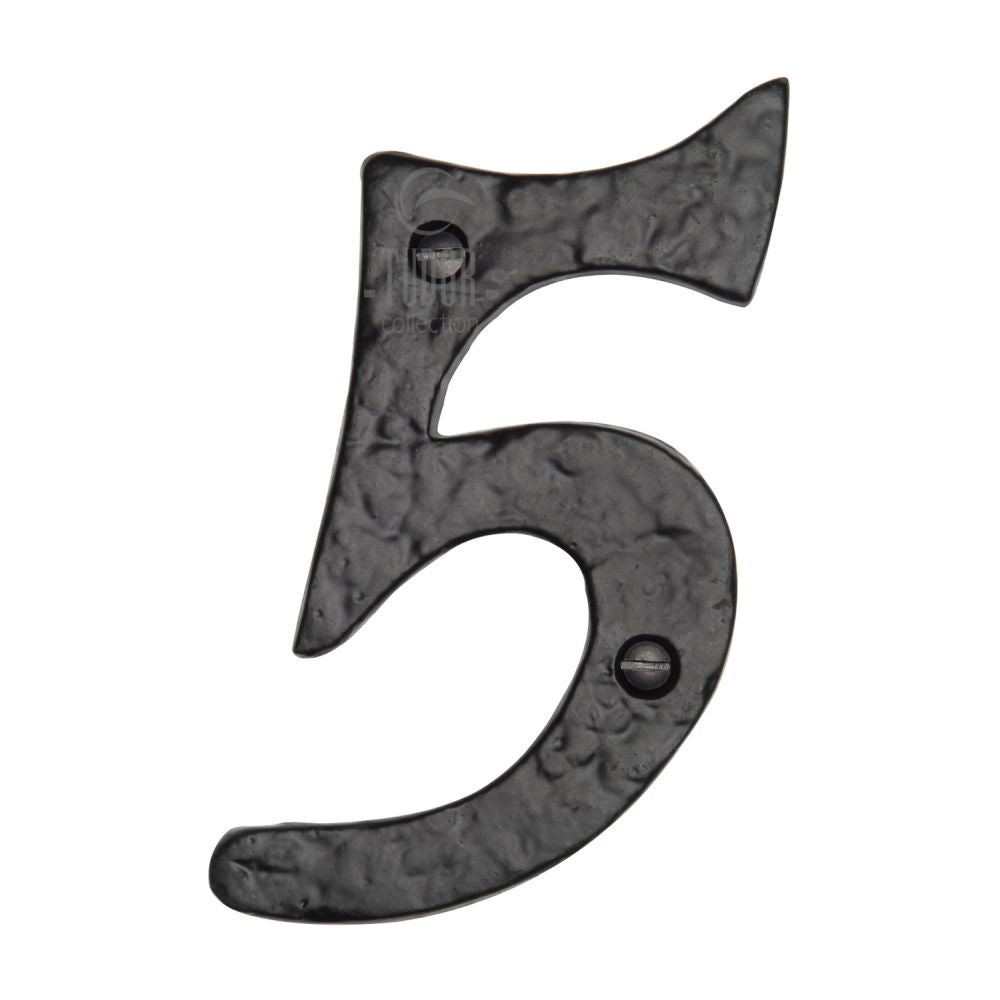 This is an image of a The Tudor Collection - Numeral 5 - 4" Black Iron, tc355-5 that is available to order from T.H Wiggans Ironmongery in Kendal.