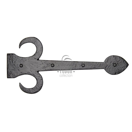 This is an image of a The Tudor Collection - Dummy Strap Hinge Fleur de Lys Design 15" Black Iron, tc412-381 that is available to order from T.H Wiggans Ironmongery in Kendal.