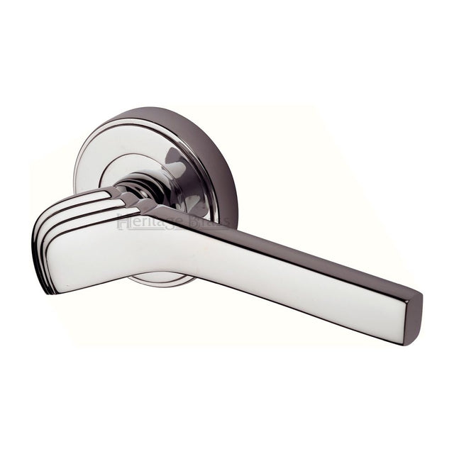 This is an image of a Heritage Brass - Door Handle Lever on Rose Tiffany Design Polished Nickel Finish, tif1926-pnf that is available to order from T.H Wiggans Ironmongery in Kendal.