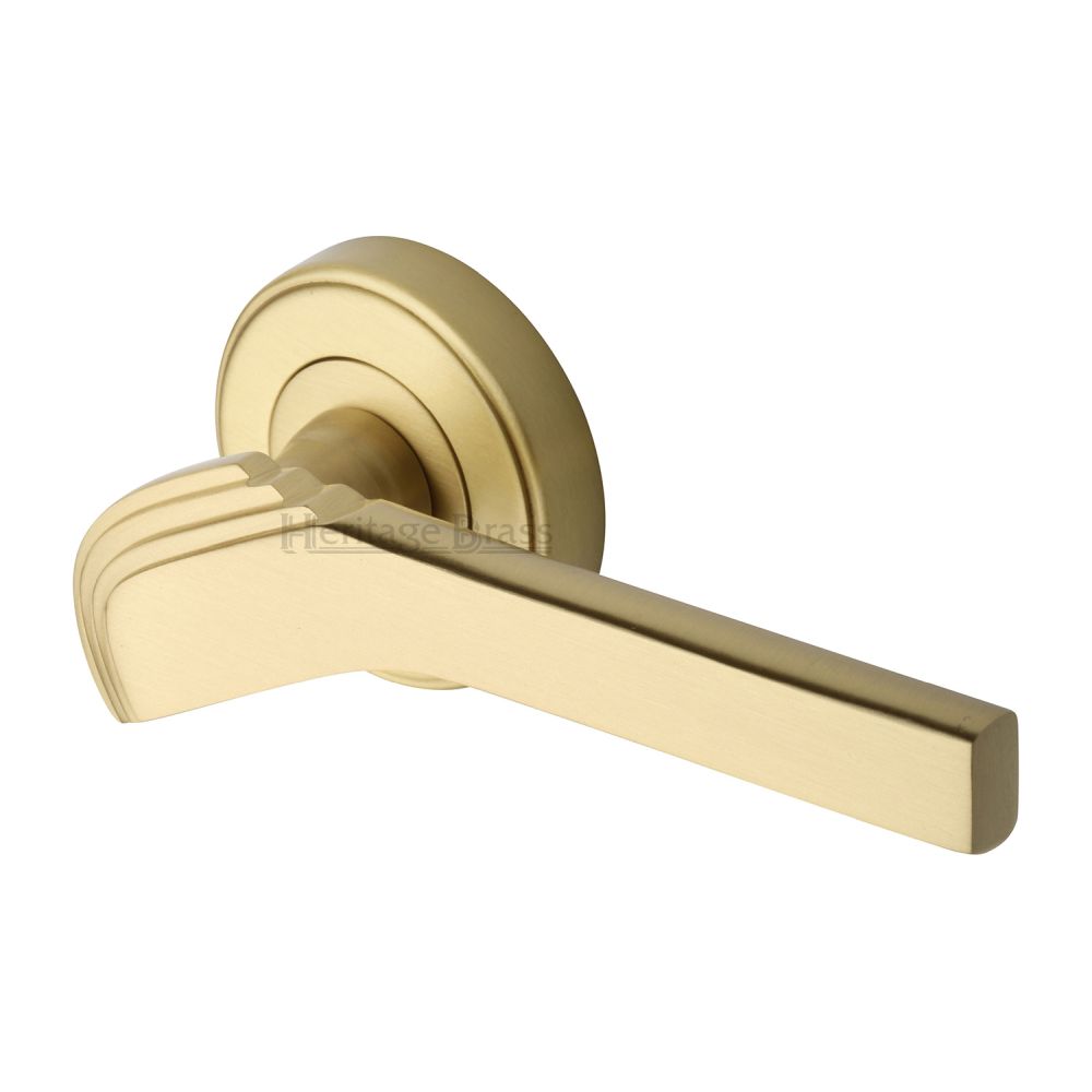This is an image of a Heritage Brass - Door Handle Lever on Rose Tiffany Design Satin Brass Finish, tif1926-sb that is available to order from T.H Wiggans Ironmongery in Kendal.