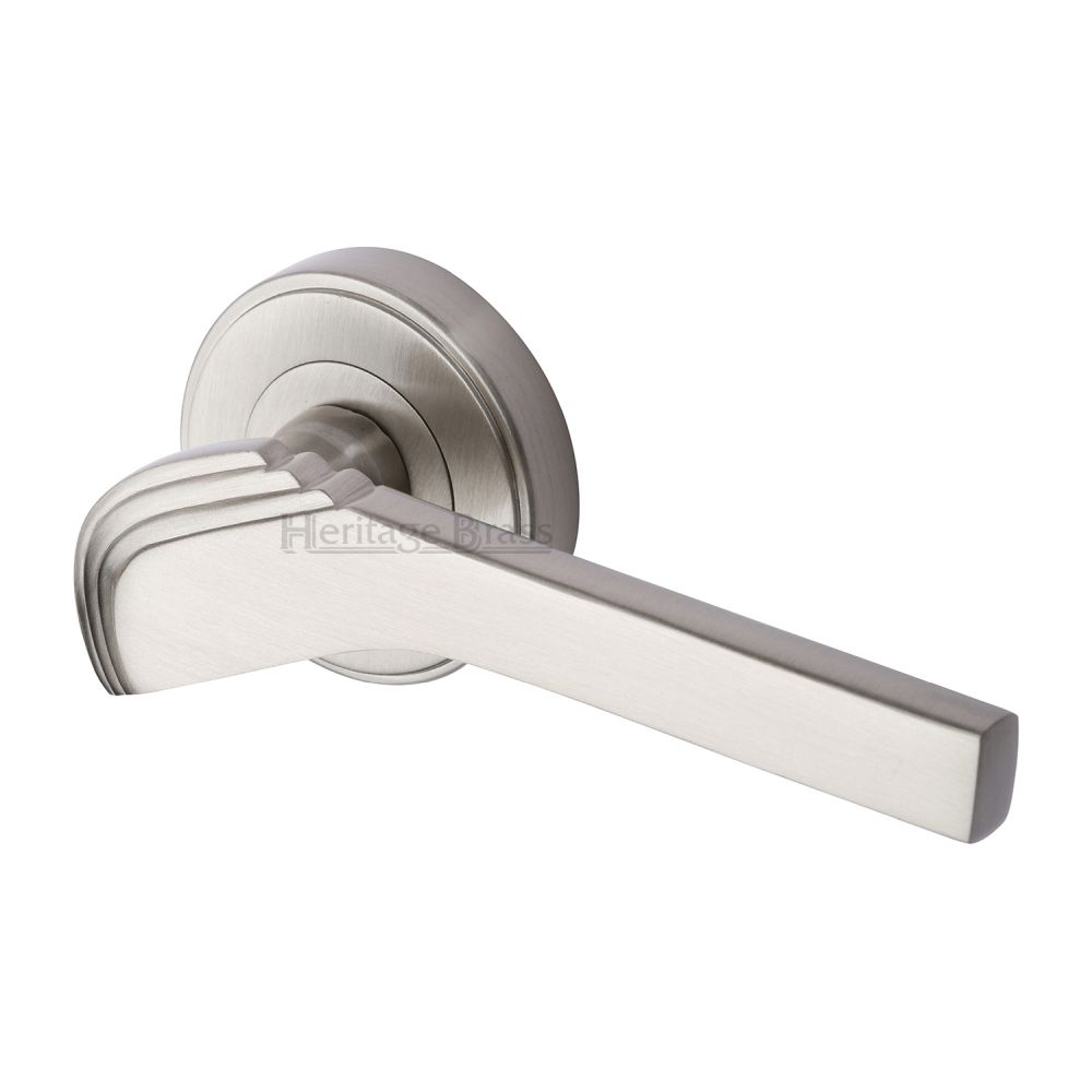 This is an image of a Heritage Brass - Door Handle Lever on Rose Tiffany Design Satin Nickel Finish, tif1926-sn that is available to order from T.H Wiggans Ironmongery in Kendal.