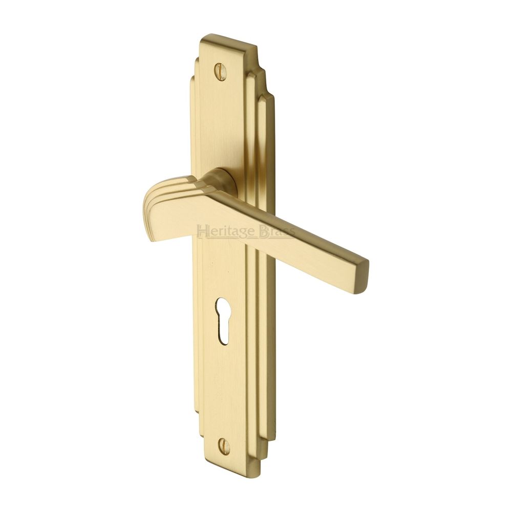 This is an image of a Heritage Brass - Door Handle Lever Lock Tiffany Design Satin Brass Finish, tif5200-sb that is available to order from T.H Wiggans Ironmongery in Kendal.