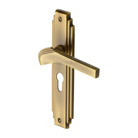 This is an image of a Heritage Brass - Door Handle Euro Profile Plate Tiffany Design Antique Brass Finish, tif5248-at that is available to order from T.H Wiggans Ironmongery in Kendal.