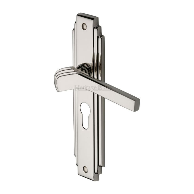 This is an image of a Heritage Brass - Door Handle Euro Profile Plate Tiffany Design Polished Nickel Finis, tif5248-pnf that is available to order from T.H Wiggans Ironmongery in Kendal.