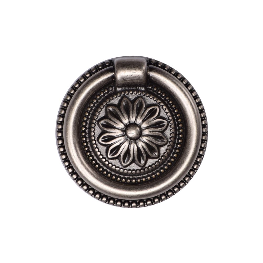 This is an image of a M.Marcus - Floral Ring Pull 047mm Distressed Pewter Finish, tk2224-047-dpw that is available to order from T.H Wiggans Ironmongery in Kendal.
