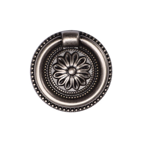 This is an image of a M.Marcus - Floral Ring Pull 047mm Distressed Pewter Finish, tk2224-047-dpw that is available to order from T.H Wiggans Ironmongery in Kendal.