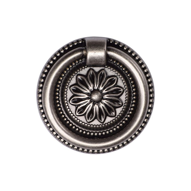 This is an image of a M.Marcus - Floral Ring Pull 055mm Distressed Pewter Finish, tk2224-055-dpw that is available to order from T.H Wiggans Ironmongery in Kendal.
