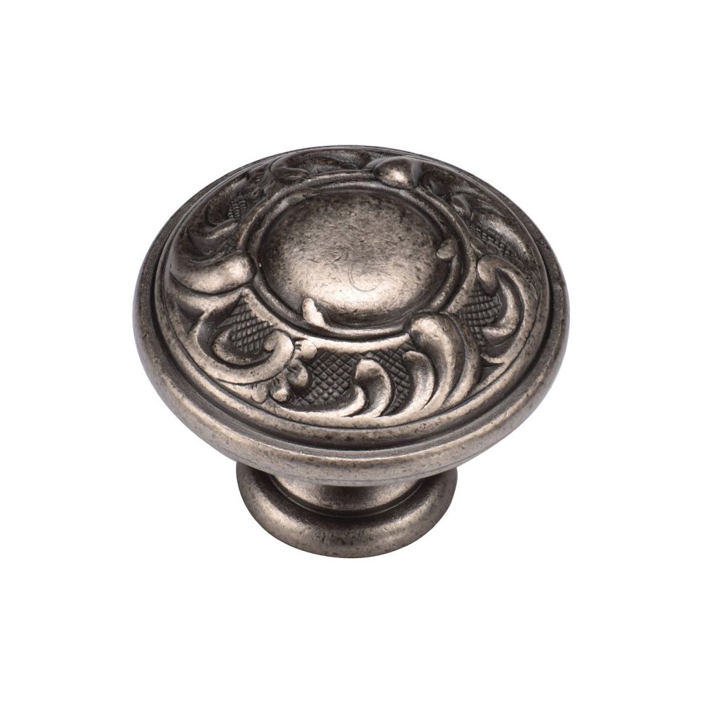 This is an image of a M.Marcus - Decorated Round Knob 035mm Distressed Pewter Finish, tk4401-035-dpw that is available to order from T.H Wiggans Ironmongery in Kendal.