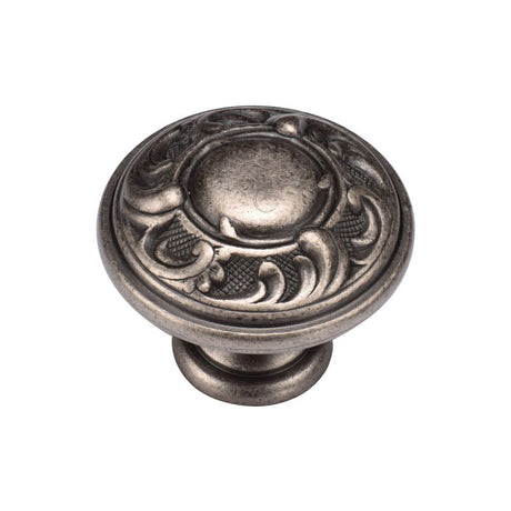 This is an image of a M.Marcus - Decorated Round Knob 035mm Distressed Pewter Finish, tk4401-035-dpw that is available to order from T.H Wiggans Ironmongery in Kendal.
