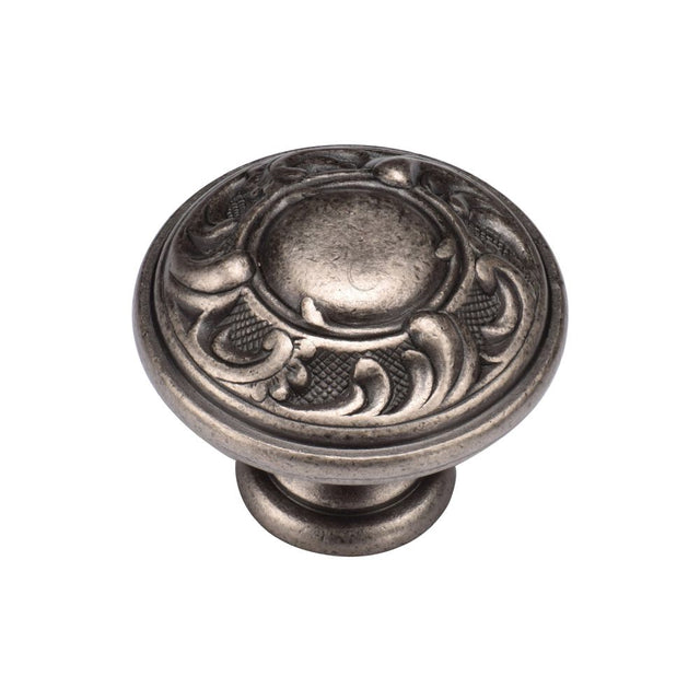 This is an image of a M.Marcus - Decorated Round Knob 035mm Distressed Pewter Finish, tk4401-035-dpw that is available to order from T.H Wiggans Ironmongery in Kendal.