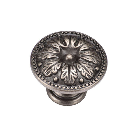 This is an image of a M.Marcus - Floral Round Knob 030mm Distressed Pewter Finish, tk4479-030-dpw that is available to order from T.H Wiggans Ironmongery in Kendal.