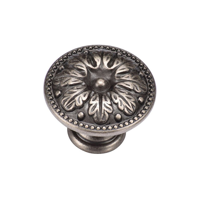 This is an image of a M.Marcus - Floral Round Knob 030mm Distressed Pewter Finish, tk4479-030-dpw that is available to order from T.H Wiggans Ironmongery in Kendal.