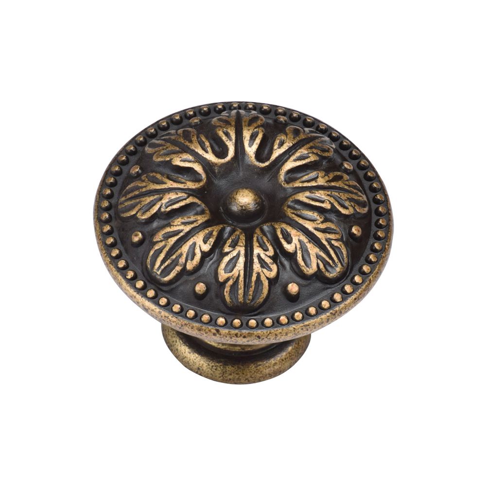 This is an image of a M.Marcus - Floral Round Knob 035mm Distressed Brass Finish, tk4479-035-dbs that is available to order from T.H Wiggans Ironmongery in Kendal.