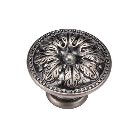 This is an image of a M.Marcus - Floral Round Knob 035mm Distressed Pewter Finish, tk4479-035-dpw that is available to order from T.H Wiggans Ironmongery in Kendal.