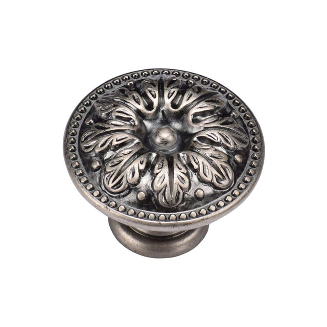 This is an image of a M.Marcus - Floral Round Knob 035mm Distressed Pewter Finish, tk4479-035-dpw that is available to order from T.H Wiggans Ironmongery in Kendal.