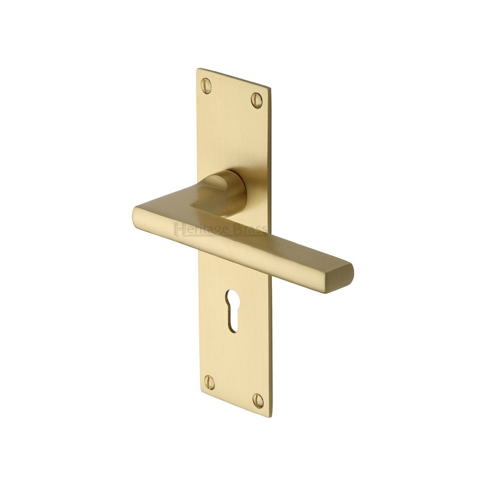 This is an image of a Heritage Brass - Door Handle Lever Lock Trident Design Satin Brass Finish, tri1300-sb that is available to order from T.H Wiggans Ironmongery in Kendal.