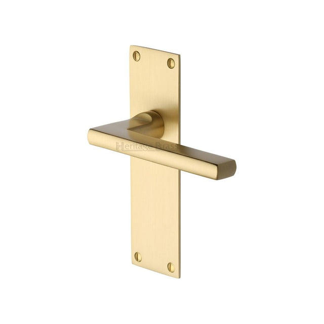 This is an image of a Heritage Brass - Door Handle Lever Latch Trident Design Satin Brass Finish, tri1310-sb that is available to order from T.H Wiggans Ironmongery in Kendal.