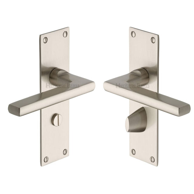 This is an image of a Heritage Brass - Door Handle Bathroom Set Trident Design Satin Nickel Finish, tri1330-sn that is available to order from T.H Wiggans Ironmongery in Kendal.