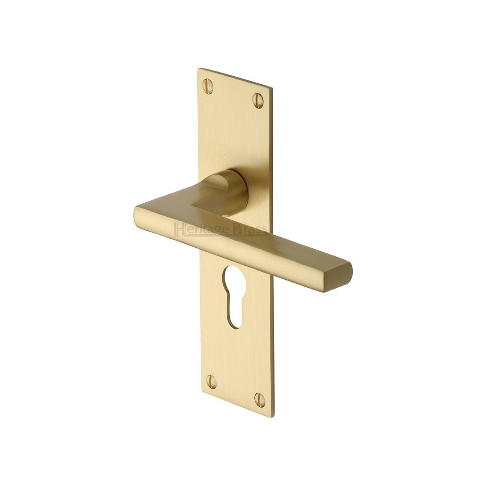 This is an image of a Heritage Brass - Door Handle Euro Profile Plate Trident Design Satin Brass Finish, tri1348-sb that is available to order from T.H Wiggans Ironmongery in Kendal.
