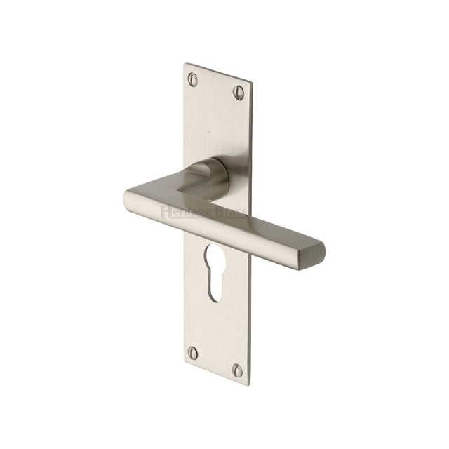 This is an image of a Heritage Brass - Door Handle Euro Profile Plate Trident Design Satin Nickel Finis, tri1348-sn that is available to order from T.H Wiggans Ironmongery in Kendal.
