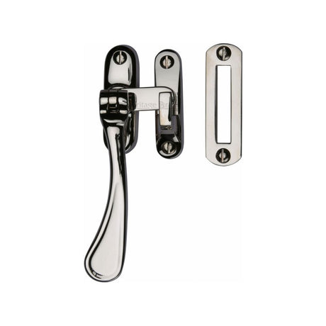 This is an image of a Heritage Brass - Casement Window Fastener Spoon Pattern Polished Nickel Finish, v1003-mp-hp-pnf that is available to order from T.H Wiggans Ironmongery in Kendal.