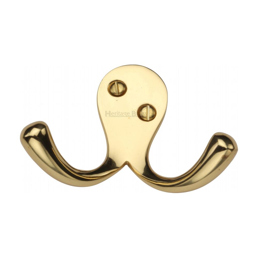 This is an image of a Heritage Brass - Double Coat Hook Polished Brass Finish, v1060-pb that is available to order from T.H Wiggans Ironmongery in Kendal.