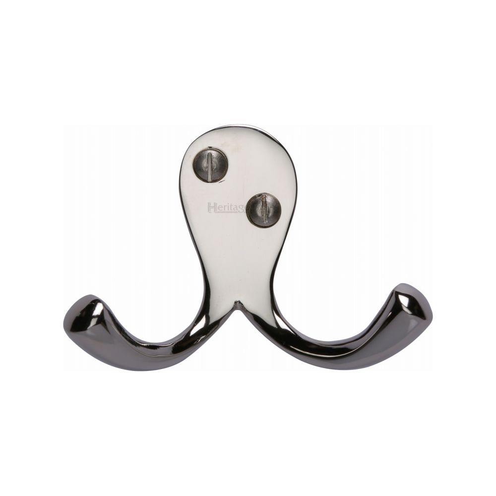 This is an image of a Heritage Brass - Double Coat Hook Polished Nickel Finish, v1060-pnf that is available to order from T.H Wiggans Ironmongery in Kendal.