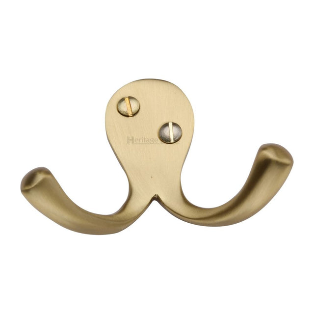 This is an image of a Heritage Brass - Double Coat Hook Satin Brass Finish, v1060-sb that is available to order from T.H Wiggans Ironmongery in Kendal.