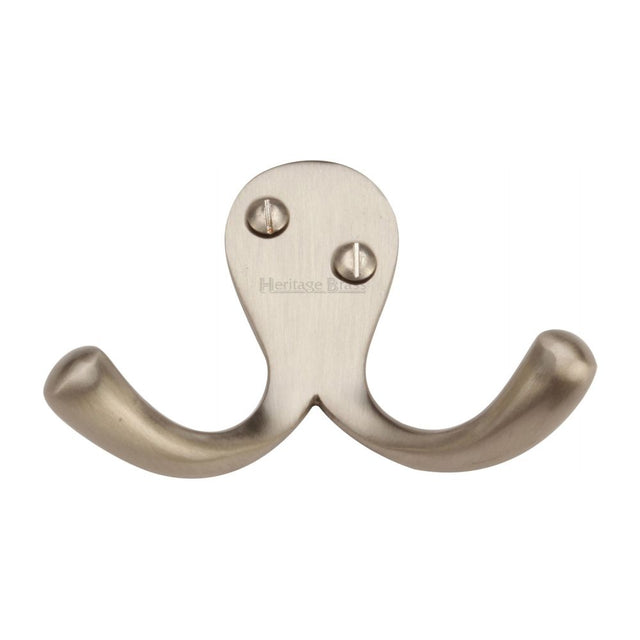 This is an image of a Heritage Brass - Double Coat Hook Satin Nickel Finish, v1060-sn that is available to order from T.H Wiggans Ironmongery in Kendal.