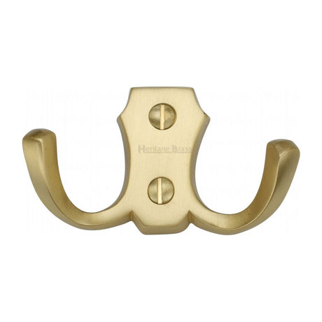 This is an image of a Heritage Brass - Double Coat Hook Satin Brass Finish, v1062-sb that is available to order from T.H Wiggans Ironmongery in Kendal.