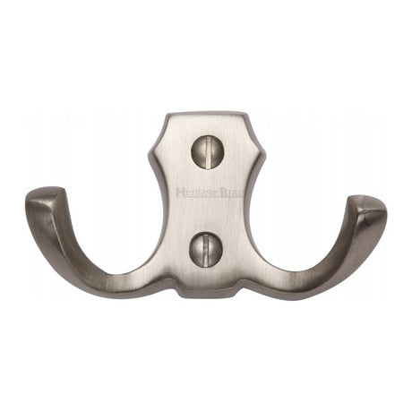 This is an image of a Heritage Brass - Double Coat Hook Satin Nickel Finish, v1062-sn that is available to order from T.H Wiggans Ironmongery in Kendal.