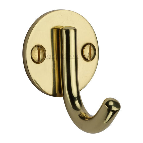 This is an image of a Heritage Brass - Single Robe Hook Polished Brass Finish, v1064-pb that is available to order from T.H Wiggans Ironmongery in Kendal.