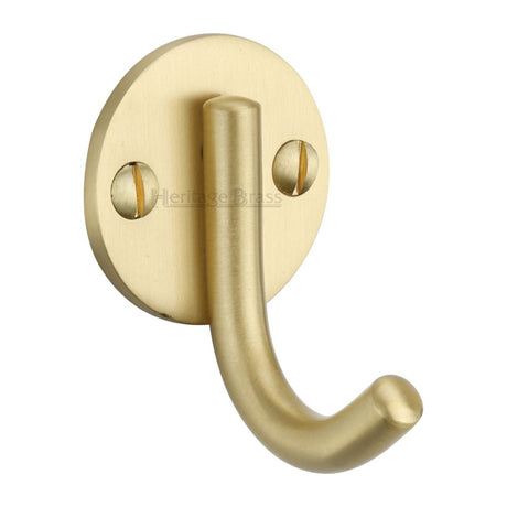 This is an image of a Heritage Brass - Single Robe Hook Satin Brass Finish, v1064-sb that is available to order from T.H Wiggans Ironmongery in Kendal.