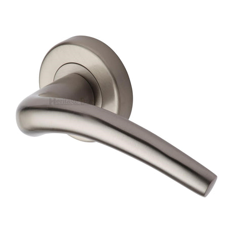 This is an image of a Heritage Brass - Door Handle Lever Latch on Round Rose Wing Design Satin Nickel finish, v1121-sn that is available to order from T.H Wiggans Ironmongery in Kendal.