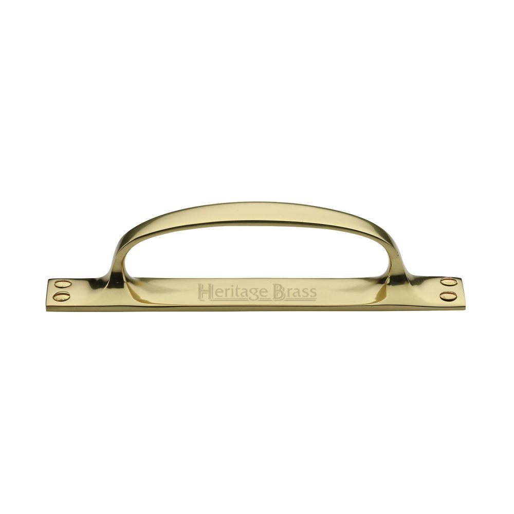 This is an image of a Heritage Brass - Pull Handle on Plate Polished Brass Finish, v1142-pb that is available to order from T.H Wiggans Ironmongery in Kendal.