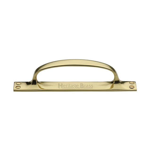 This is an image of a Heritage Brass - Pull Handle on Plate Polished Brass Finish, v1142-pb that is available to order from T.H Wiggans Ironmongery in Kendal.