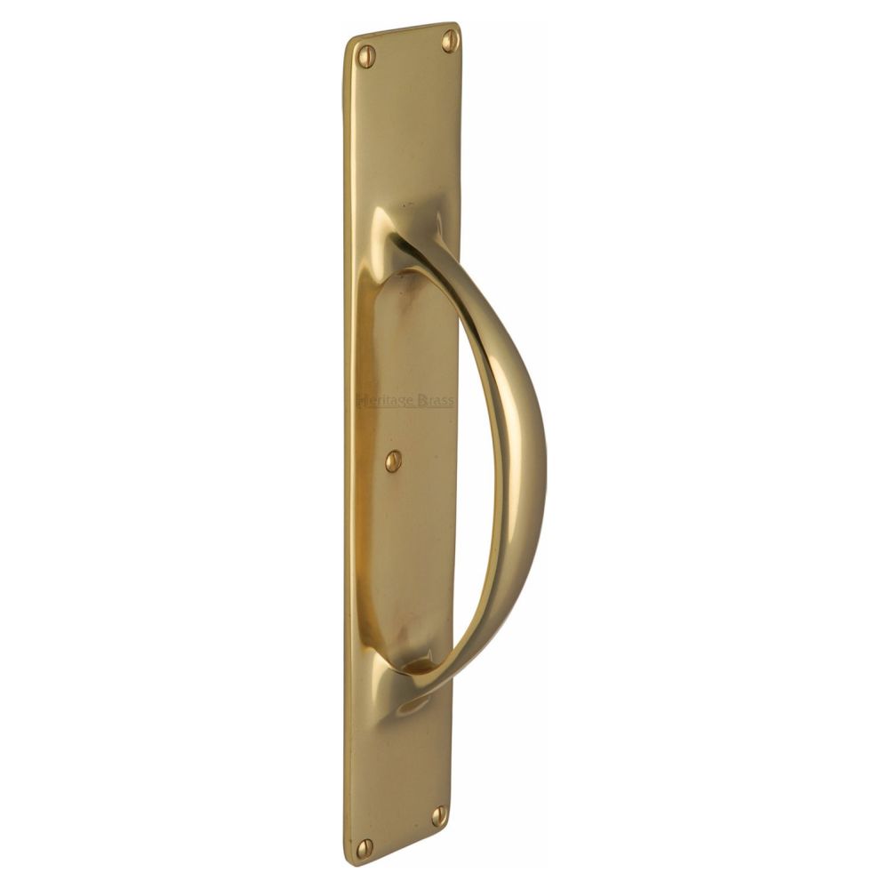 This is an image of a Heritage Brass - Door Pull Handle on Plate Polished Brass Finish, v1155-pb that is available to order from T.H Wiggans Ironmongery in Kendal.