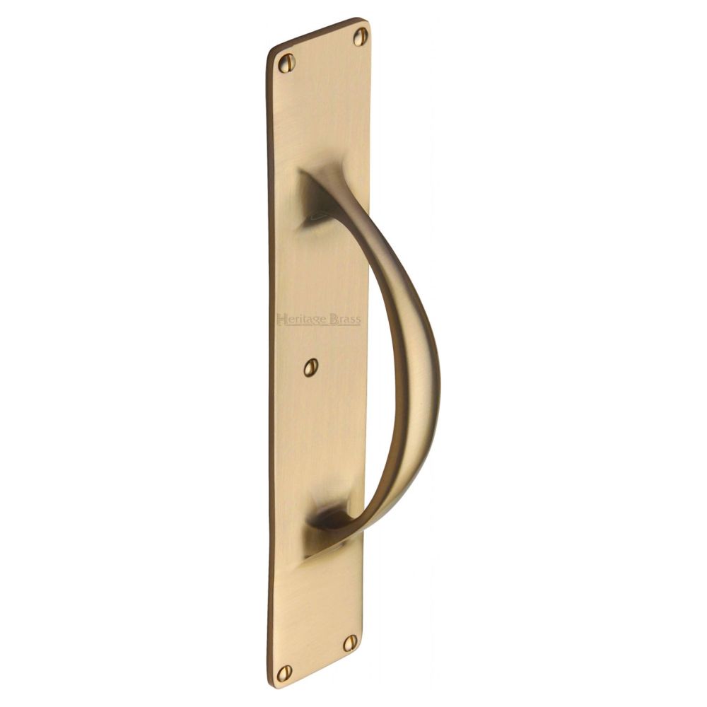 This is an image of a Heritage Brass - Door Pull Handle on Plate Satin Brass Finish, v1155-sb that is available to order from T.H Wiggans Ironmongery in Kendal.