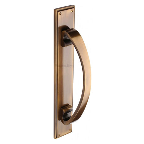 This is an image of a Heritage Brass - Door Pull Handle on Plate Antique Brass Finish, v1162-at that is available to order from T.H Wiggans Ironmongery in Kendal.